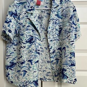 Anthropology top by Maeve in linen blue nautical print